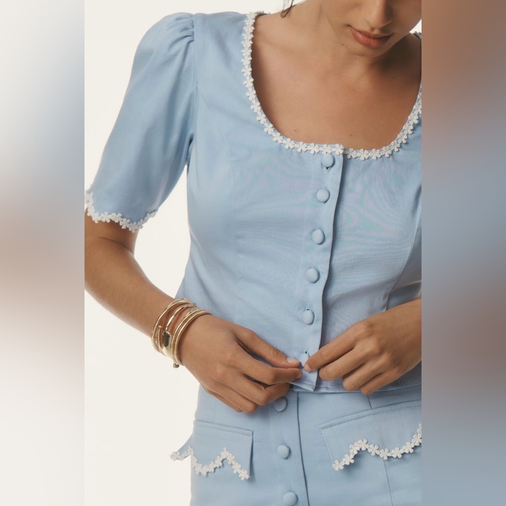NWOT Anthropologie Maeve Light Blue Scoop-Neck Lace-Trim Blouse - Picture 3 of 4